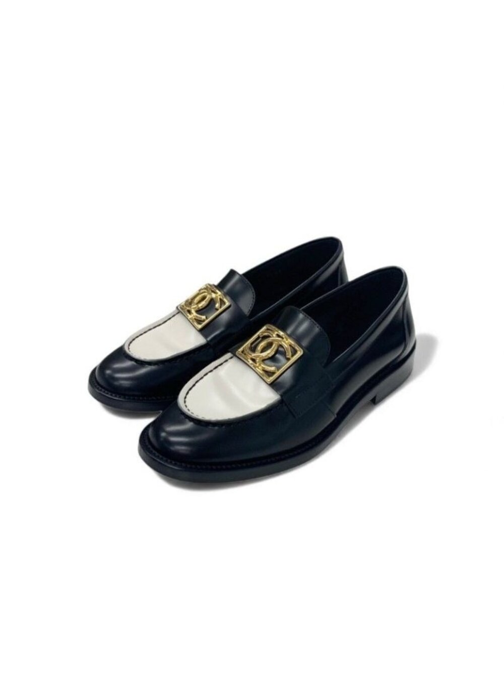 Chanel Loafers Shoes Leather Black White Gold Coco Mark Flat - Picture 2 of 11